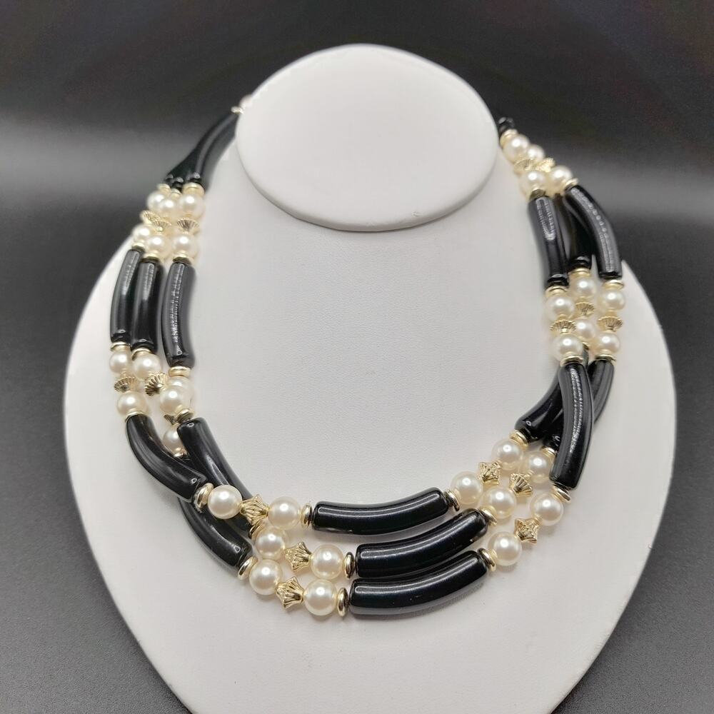 Vintage Black Lucite Bead Necklace, Faux Pearls, 3 Strands, Box Clasp